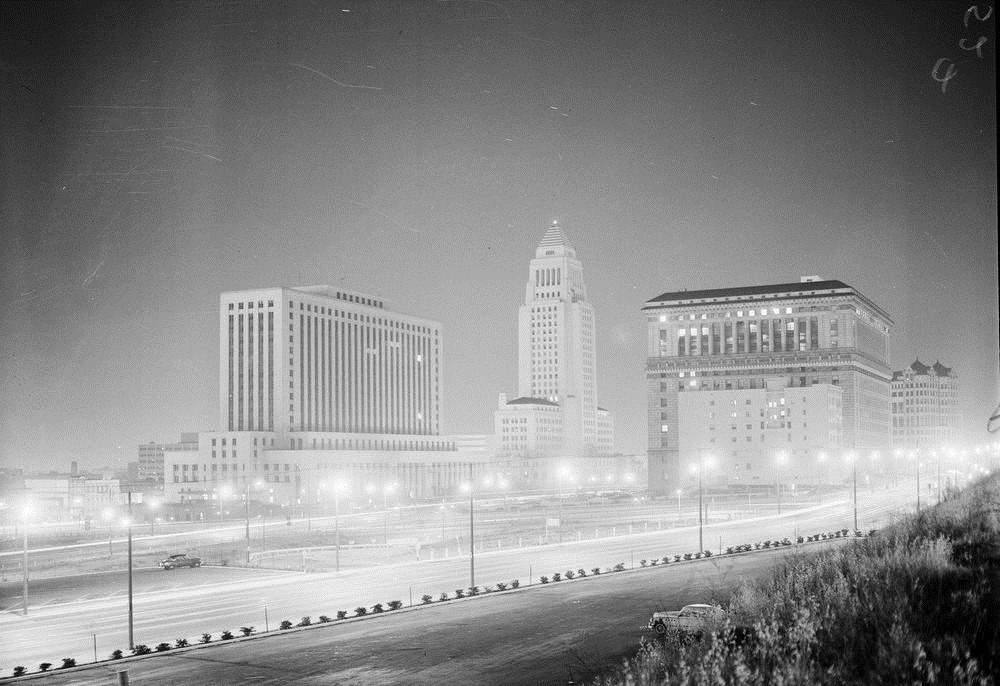Los Angeles Civic Center buildings by Nevada A Bomb blast, 1955. photo credit: Wesselmann/USC Digital Library