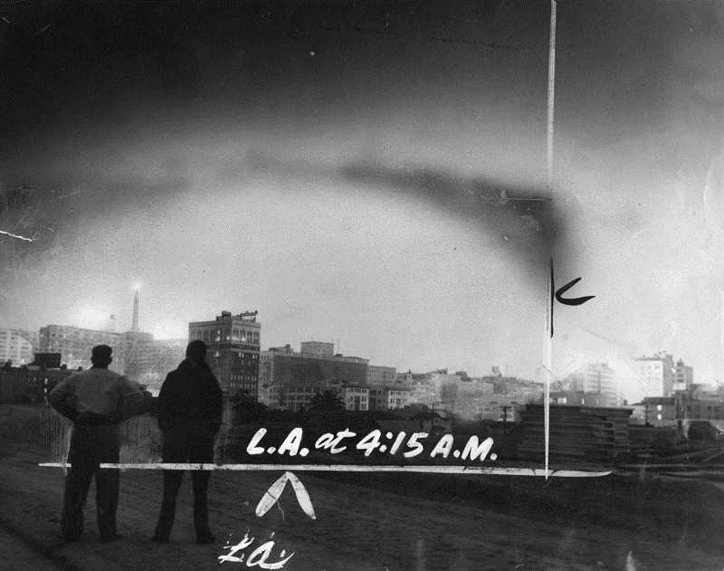 On June 4, 1953, the Herald-Examiner reported that "evidence that the atomic bomb detonated today at Yucca Flat, Nevada, was the most powerful of all in the series, is revealed in this photograph taken here. The sky is as bright as day, but what is most remarkable is that the buildings in the center are not only cut out, as in previous atomic explosions, but are illuminated on this side, the side farthest from the source of the blast."
