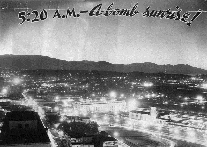 An atomic bomb lights up the night sky over the city of Los Angeles, March 7, 1955. The brightness lasted 20 seconds from 5:20.